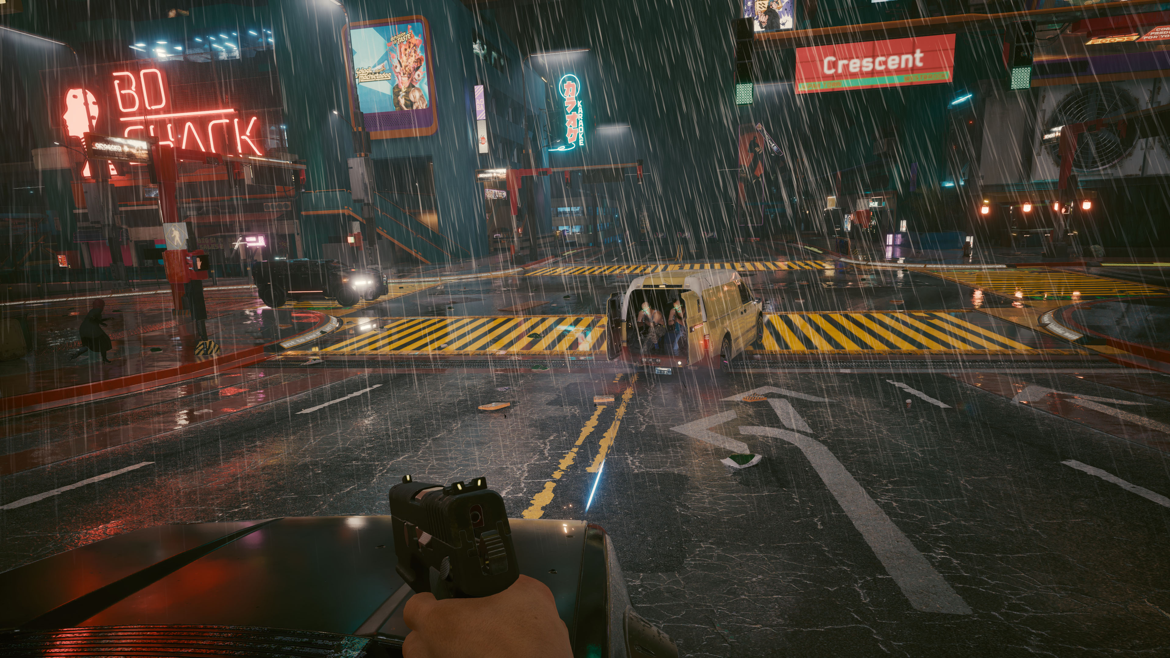 Cyberpunk 2077 screenshot: realistic, first-person, third-person, no outlines, realistic lighting (environment)