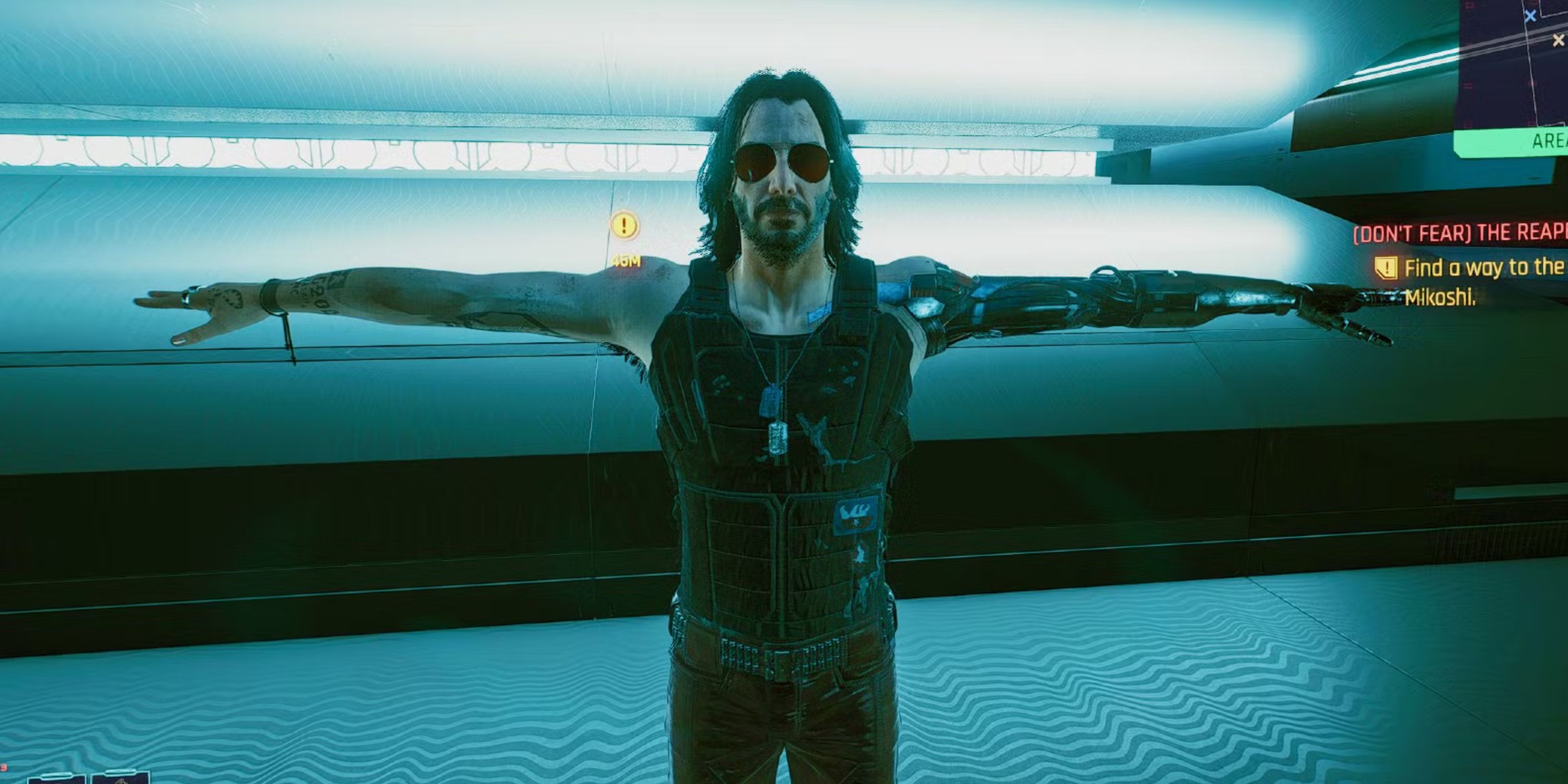 Cyberpunk 2077 screenshot: realistic, first-person, third-person, no outlines, realistic lighting (character, environment)
