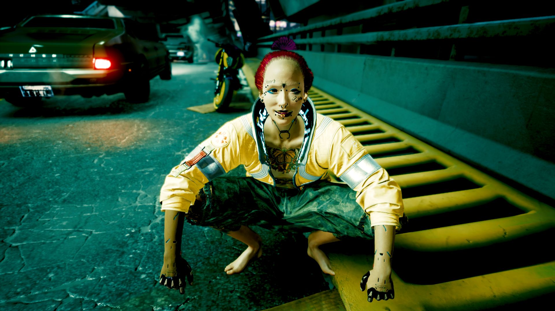 Cyberpunk 2077 screenshot: realistic, first-person, third-person, no outlines, realistic lighting (character, environment)