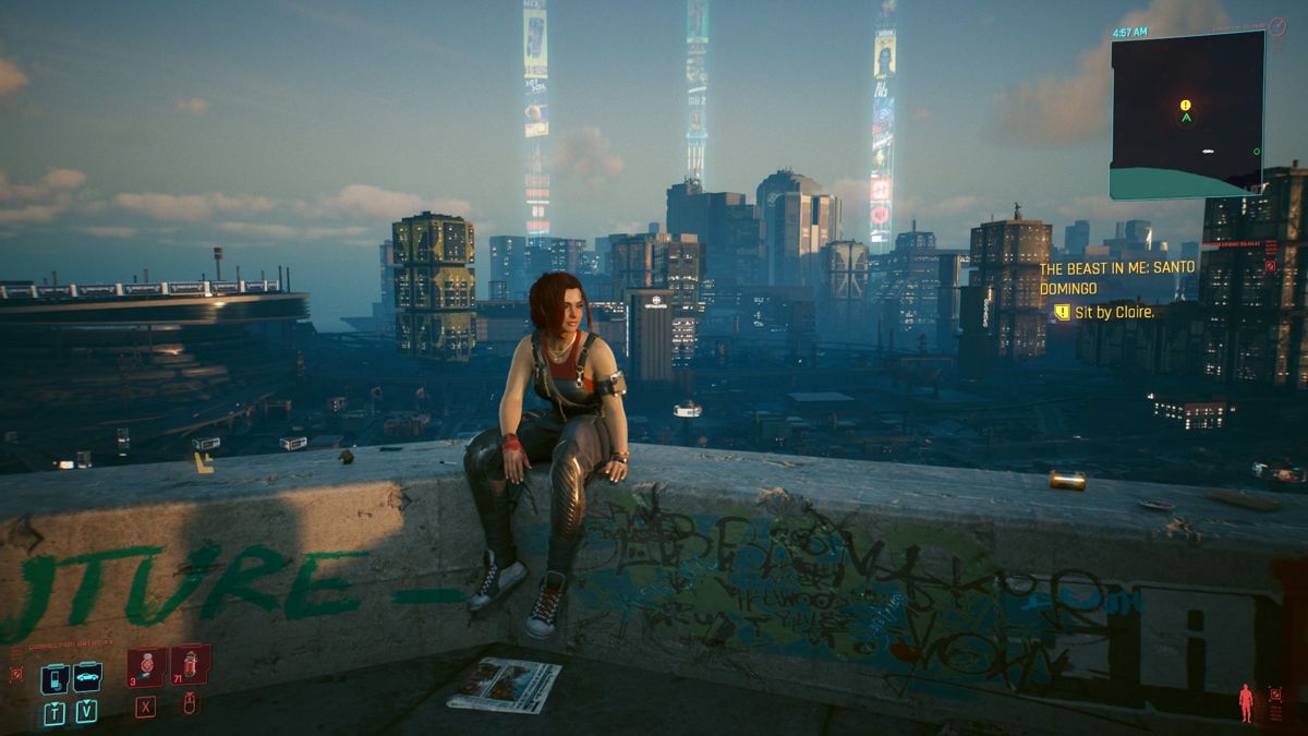 Cyberpunk 2077 screenshot: realistic, first-person, third-person, no outlines, realistic lighting (environment, character)