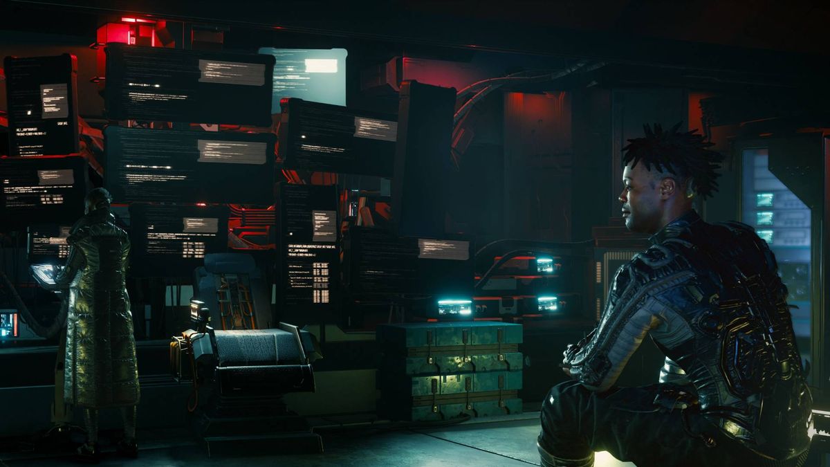 Cyberpunk 2077 screenshot: realistic, first-person, third-person, no outlines, realistic lighting (environment, character, cutscene)