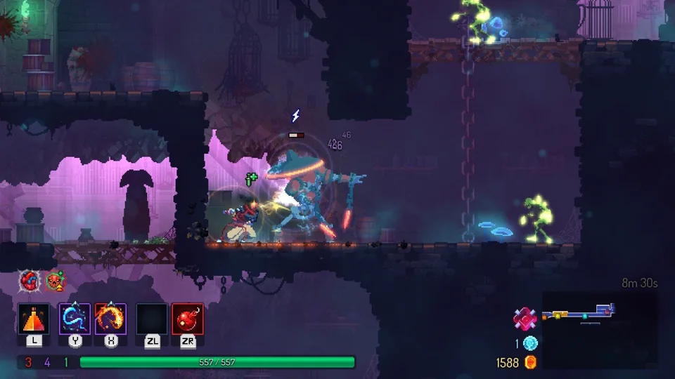 Dead Cells screenshot: pixel art, pre-rendered, side-scrolling, no outlines, rim lighting (combat)