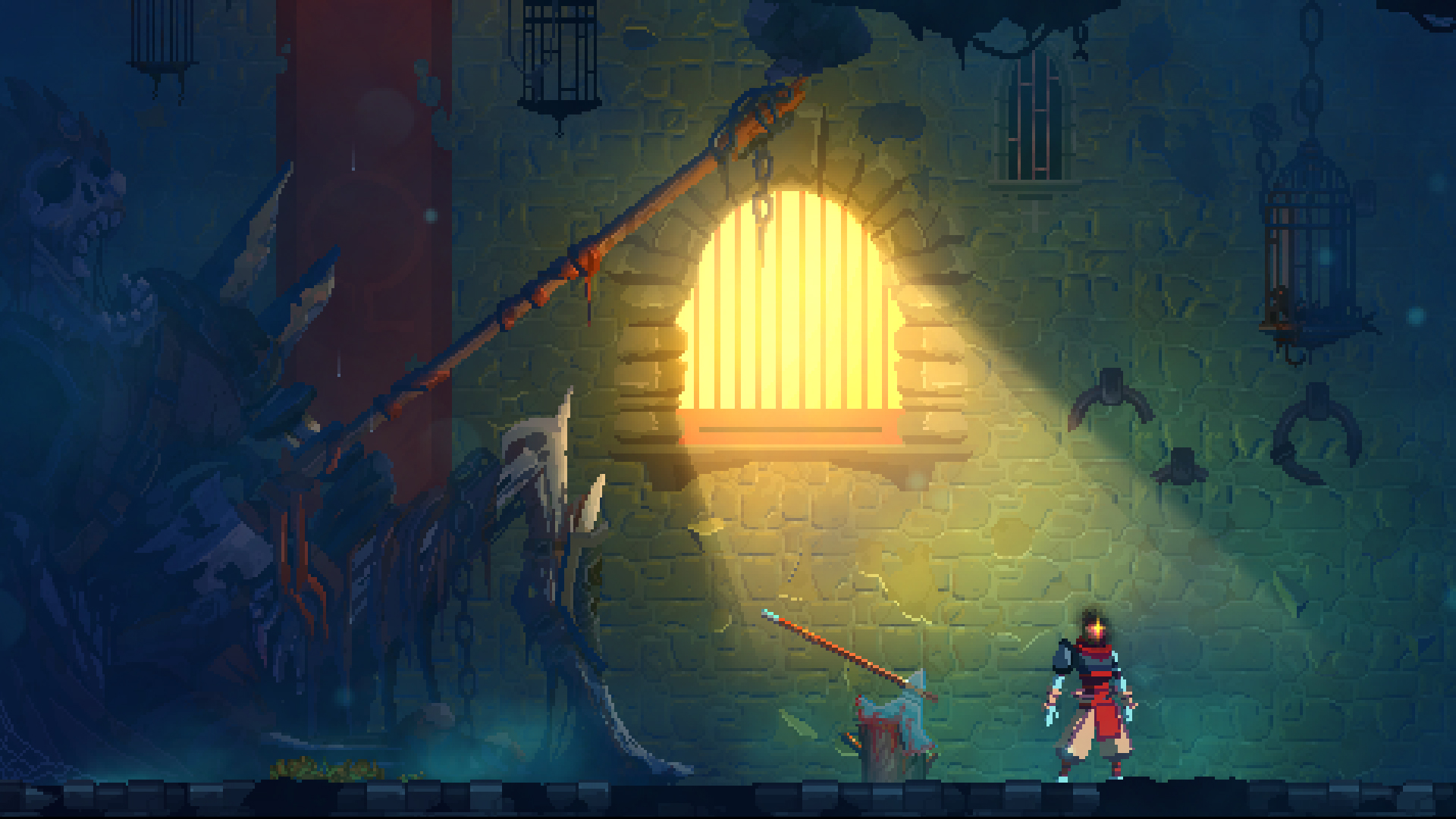 Dead Cells screenshot: pixel art, pre-rendered, side-scrolling, no outlines, soft gradient (environment)