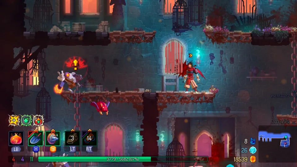 Dead Cells screenshot: pixel art, pre-rendered, side-scrolling, no outlines, rim lighting (combat)