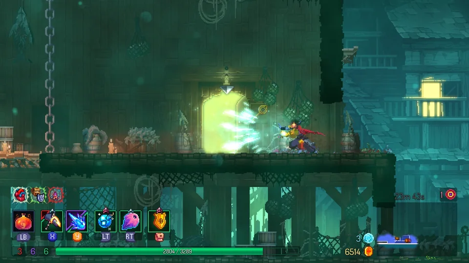 Dead Cells screenshot: pixel art, pre-rendered, side-scrolling, no outlines, rim lighting (environment)