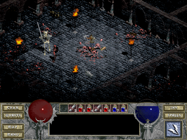 Diablo screenshot: pre-rendered, pixel art, isometric, no outlines, baked lighting (environment)