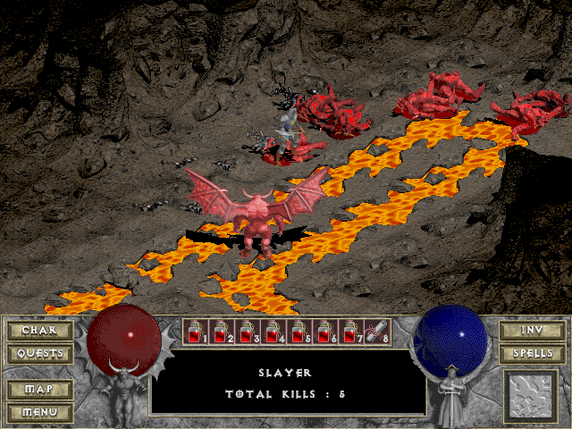Diablo screenshot: pre-rendered, pixel art, isometric, no outlines, baked lighting (environment, combat)