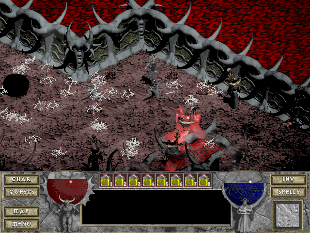 Diablo screenshot: pre-rendered, pixel art, isometric, no outlines, baked lighting (environment, combat)