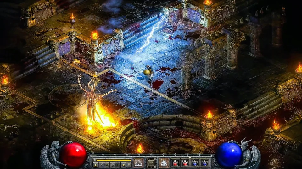 Diablo II screenshot: pre-rendered, isometric, baked lighting (combat)