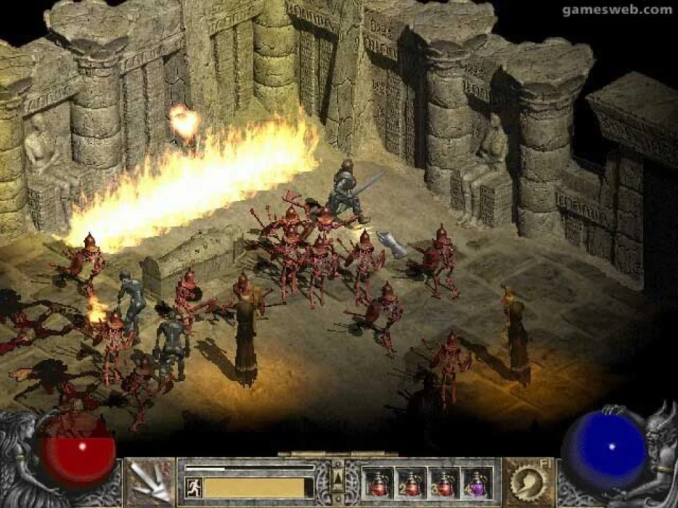 Diablo II screenshot: pre-rendered, isometric, baked lighting (combat)