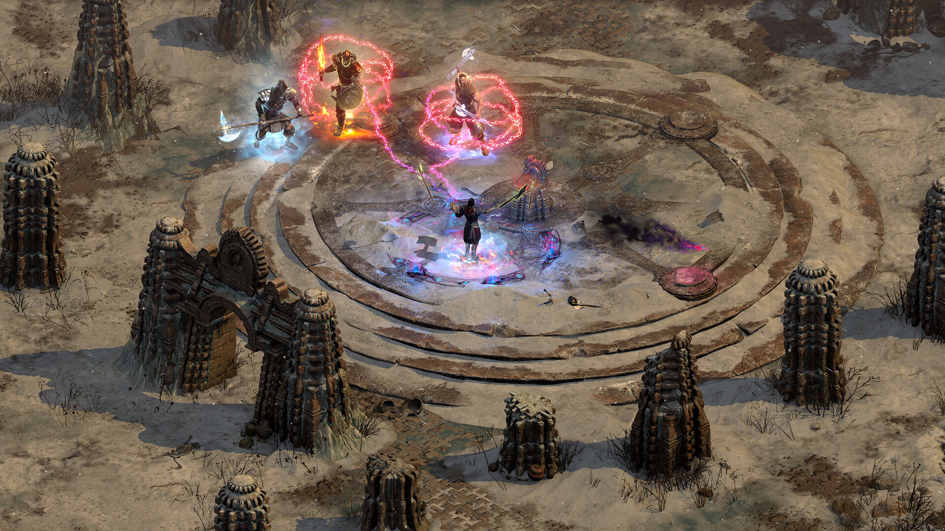 Diablo II: Resurrected screenshot: realistic, isometric, no outlines, realistic lighting (environment, combat)