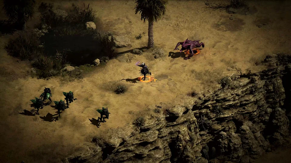 Diablo II: Resurrected screenshot: realistic, isometric, no outlines, realistic lighting (environment, combat)