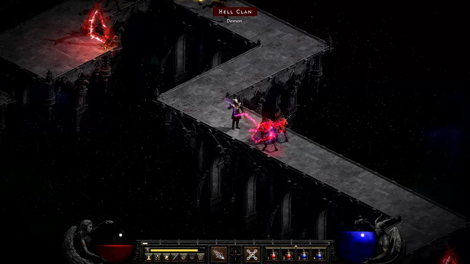 Diablo II: Resurrected screenshot: realistic, isometric, no outlines, realistic lighting (environment, combat)