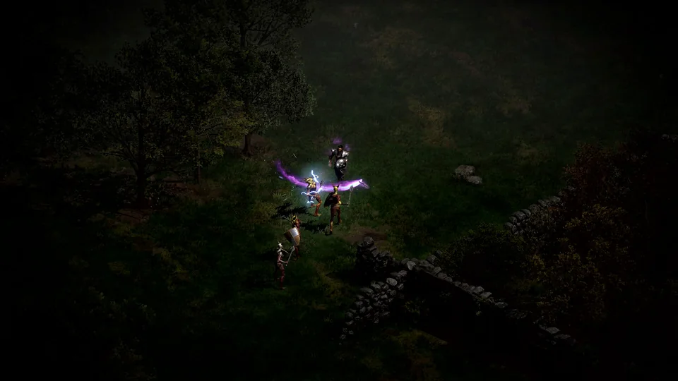Diablo II: Resurrected screenshot: realistic, isometric, no outlines, realistic lighting (environment, combat)