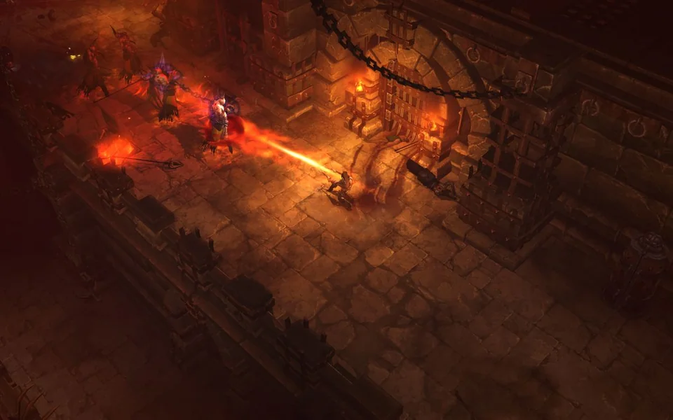 Diablo III screenshot: stylized 3d, painterly, isometric, no outlines, soft gradient (combat, environment)