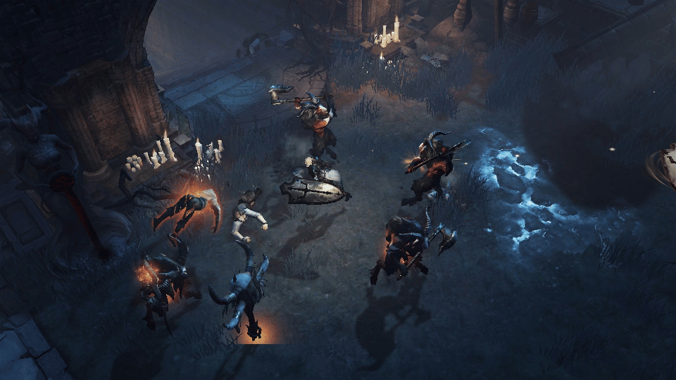 Diablo Immortal screenshot: stylized 3d, isometric, no outlines, soft gradient (environment, combat)
