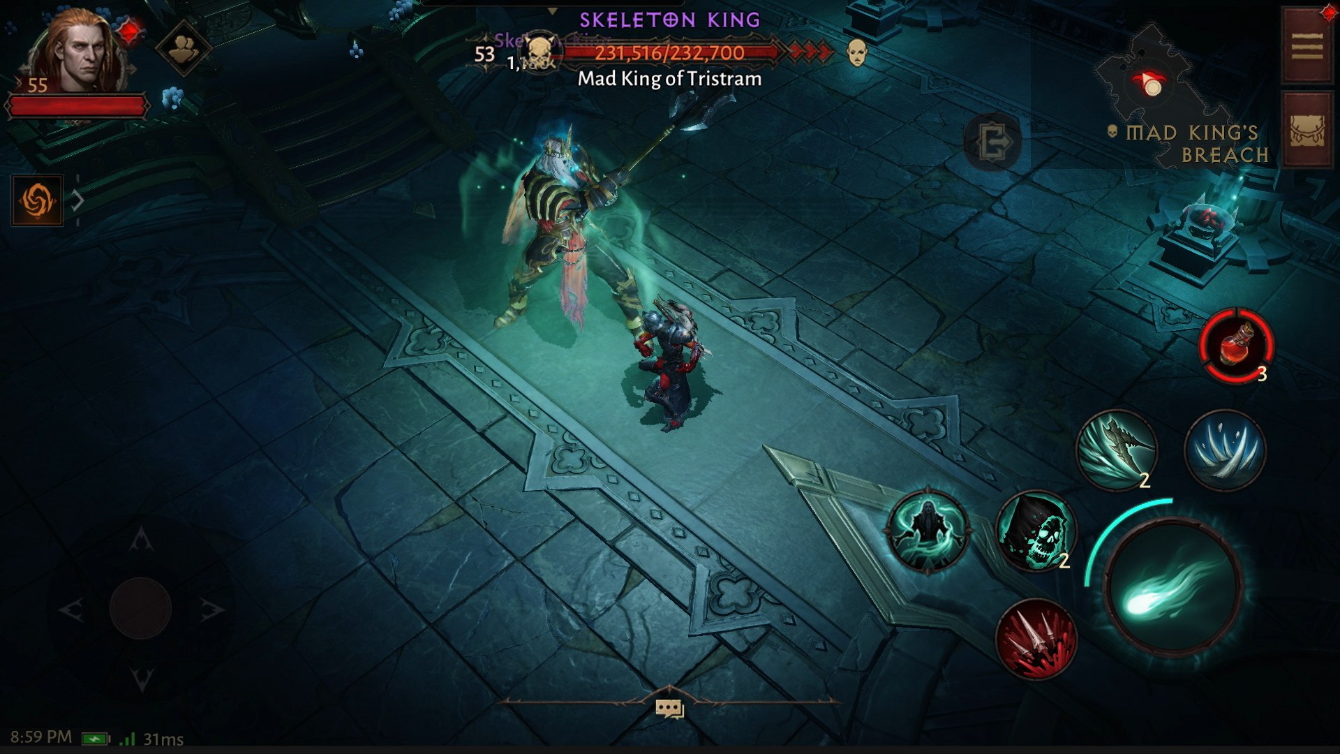 Diablo Immortal screenshot: stylized 3d, isometric, no outlines, soft gradient (environment, combat)