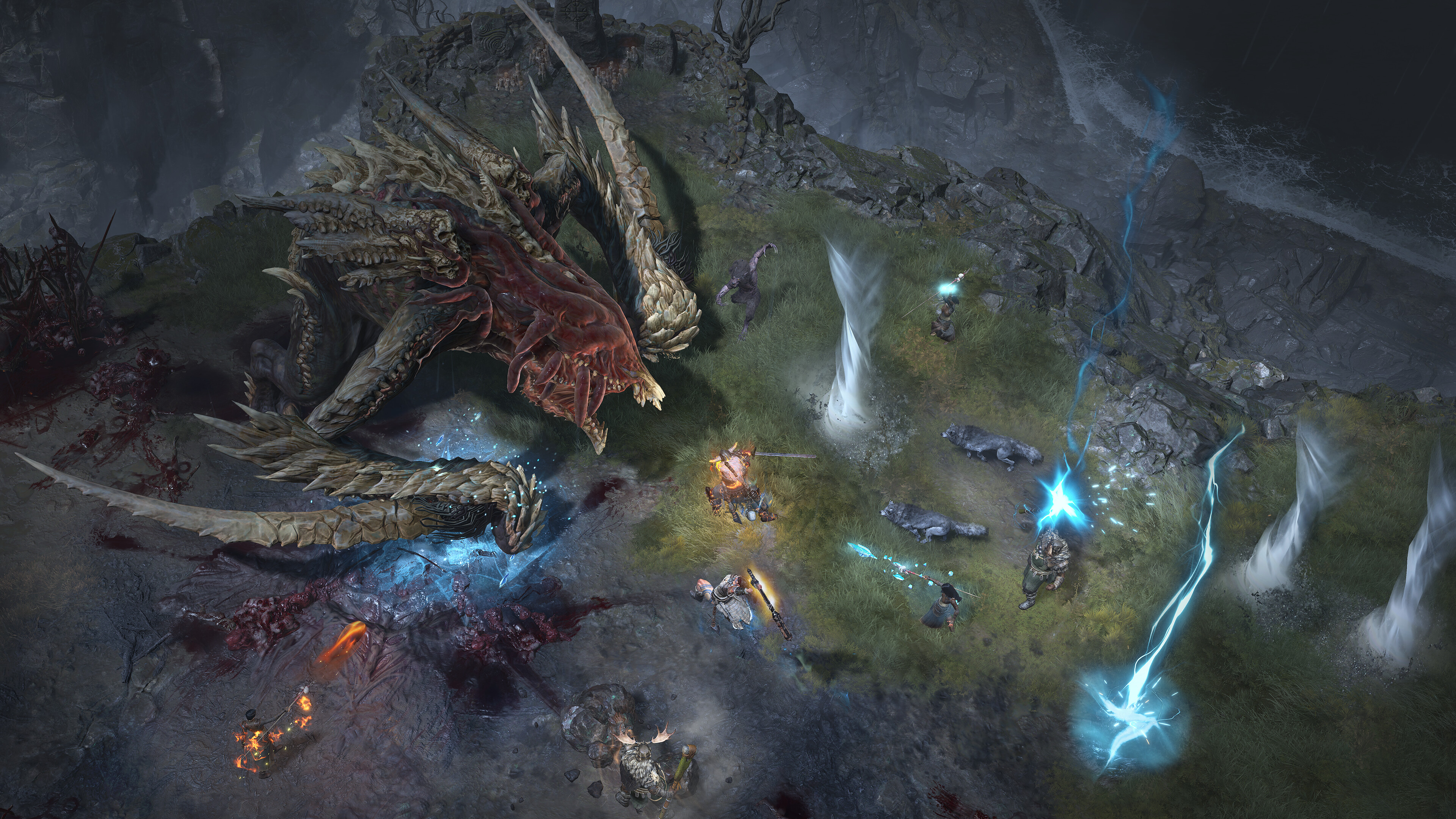 Diablo IV screenshot: realistic, three-quarter, no outlines, realistic lighting (environment, combat)