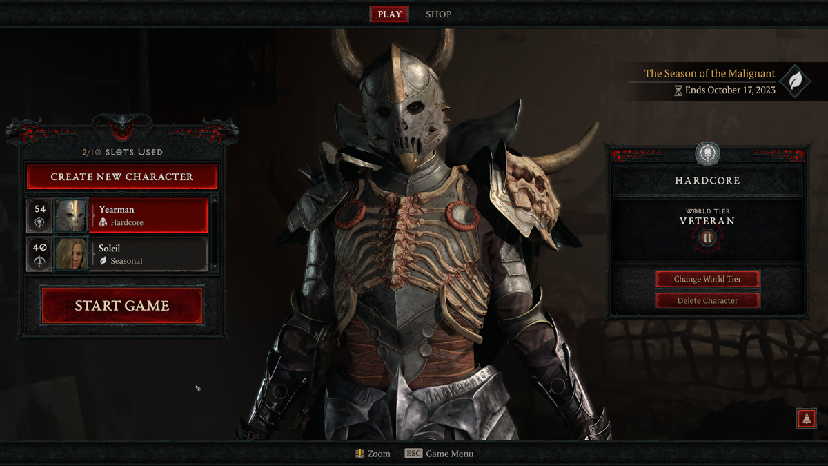 Diablo IV screenshot: realistic, three-quarter, no outlines, realistic lighting (character, ui / menu)