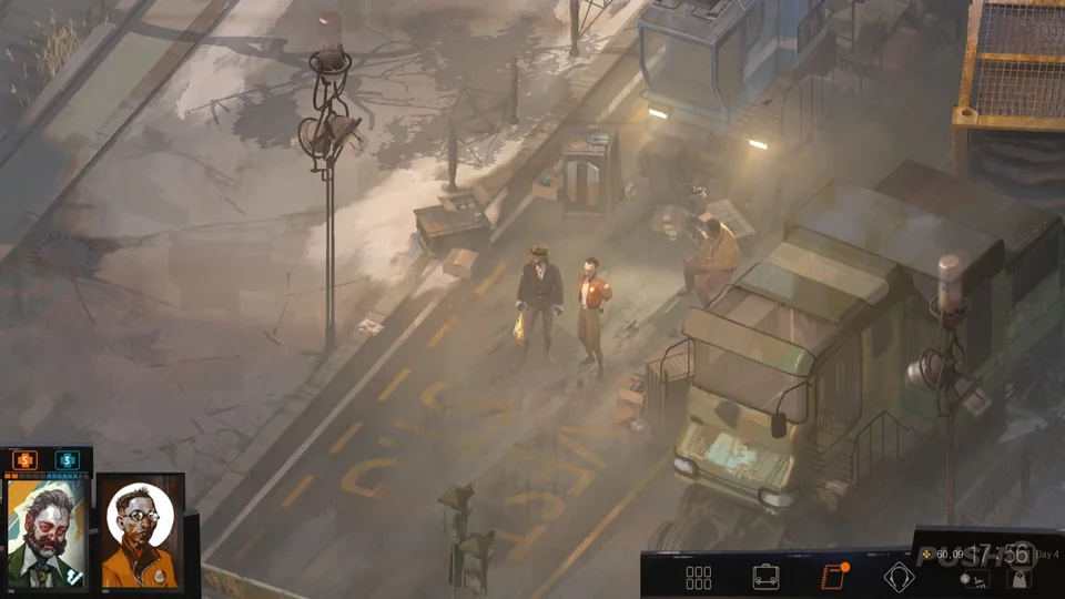 Disco Elysium screenshot: painterly, isometric, no outlines, soft gradient (environment)