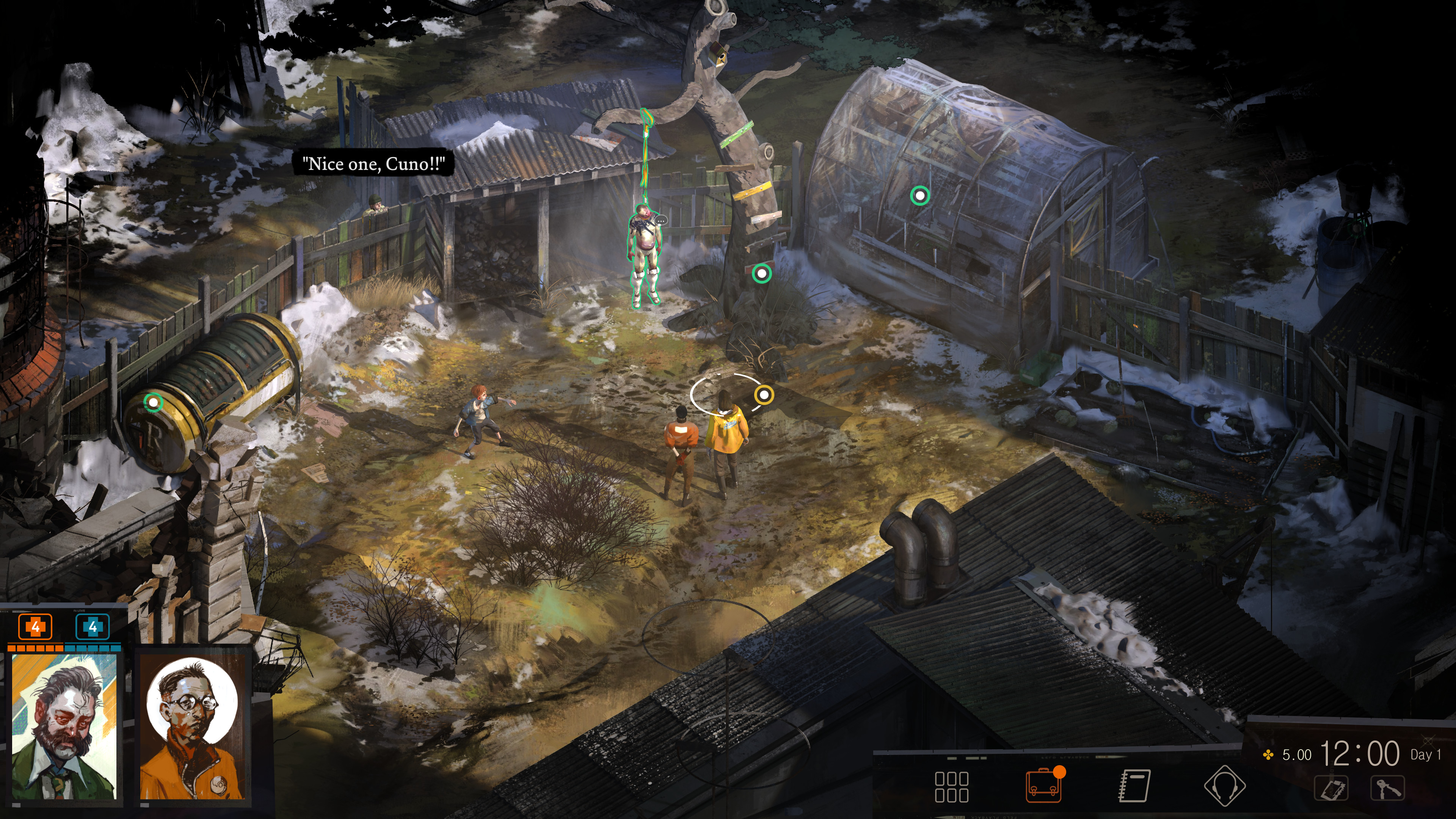 Disco Elysium screenshot: painterly, pre-rendered, isometric, no outlines, baked lighting (environment)