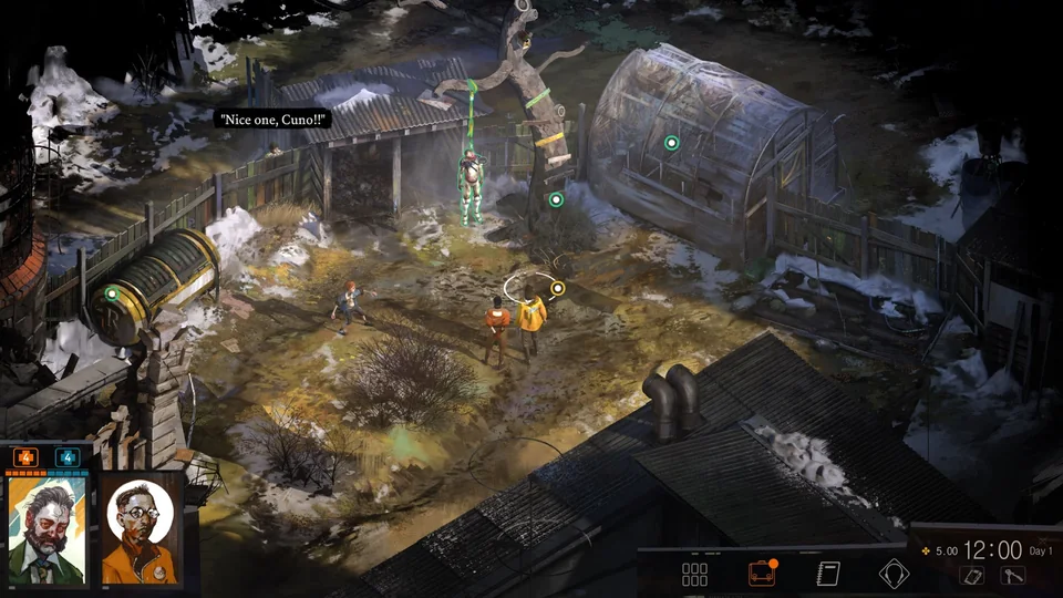Disco Elysium screenshot: painterly, isometric, no outlines, soft gradient (environment)