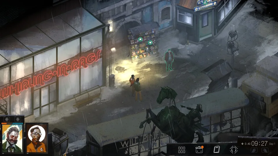 Disco Elysium screenshot: painterly, isometric, no outlines, soft gradient (environment)