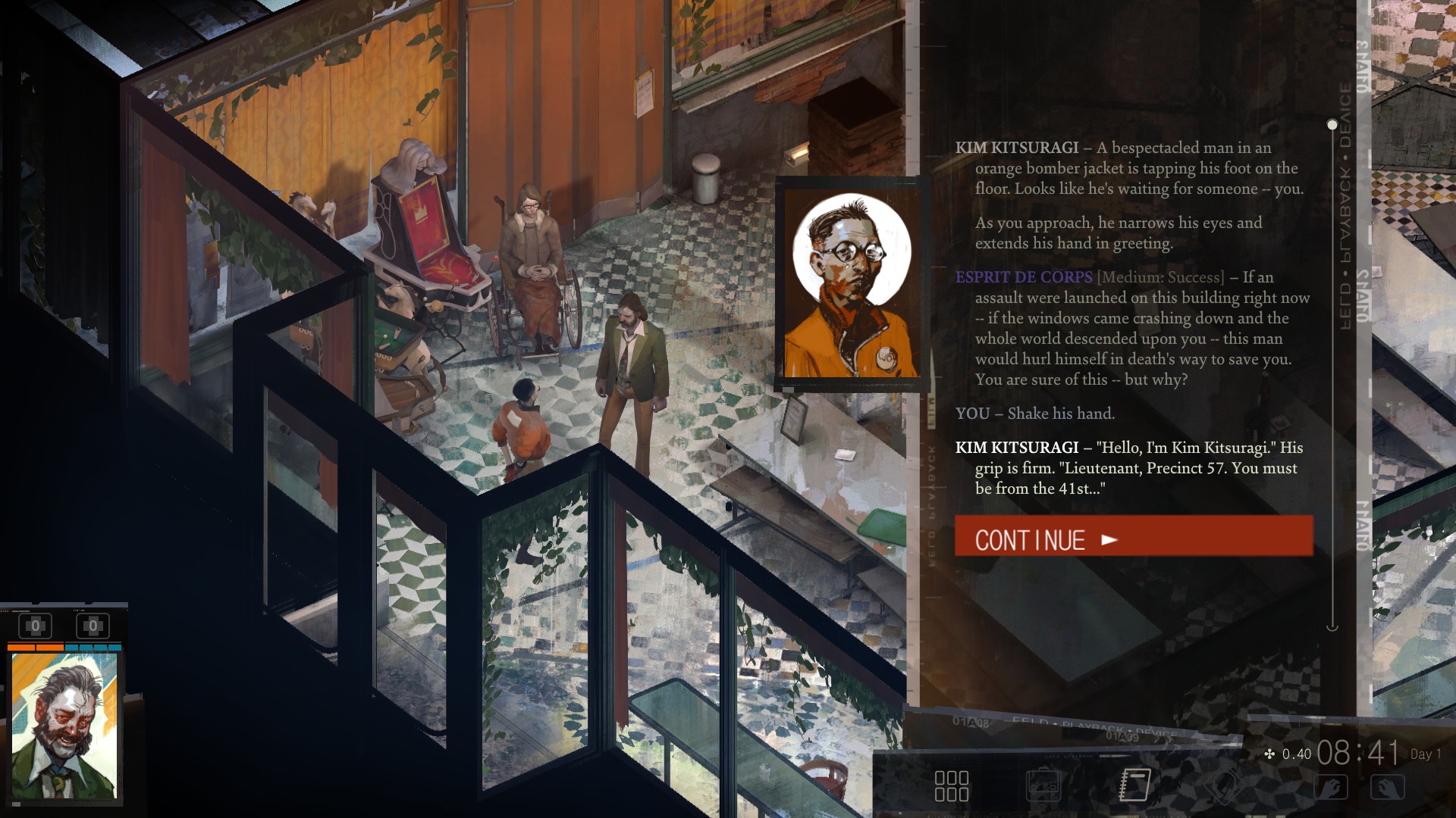 Disco Elysium screenshot: painterly, pre-rendered, isometric, no outlines (environment, character, cutscene)