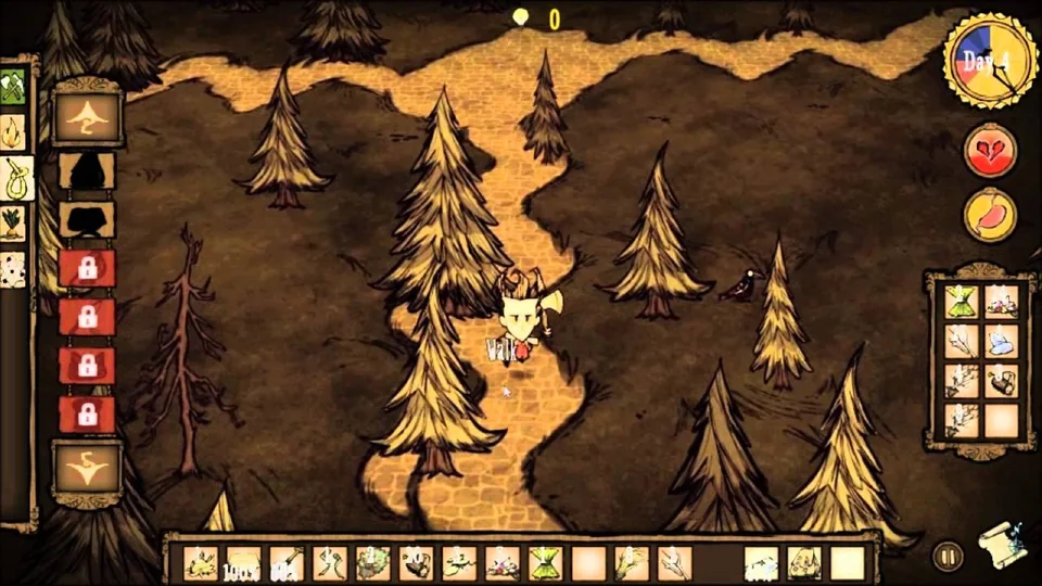 Don't Starve screenshot: hand-drawn, three-quarter, inked lines, flat / unlit (environment)