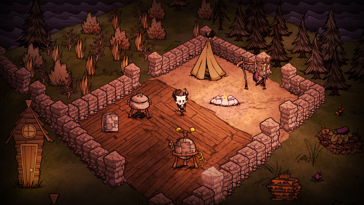 Don't Starve screenshot: hand-drawn, three-quarter, inked lines, hatching (environment)
