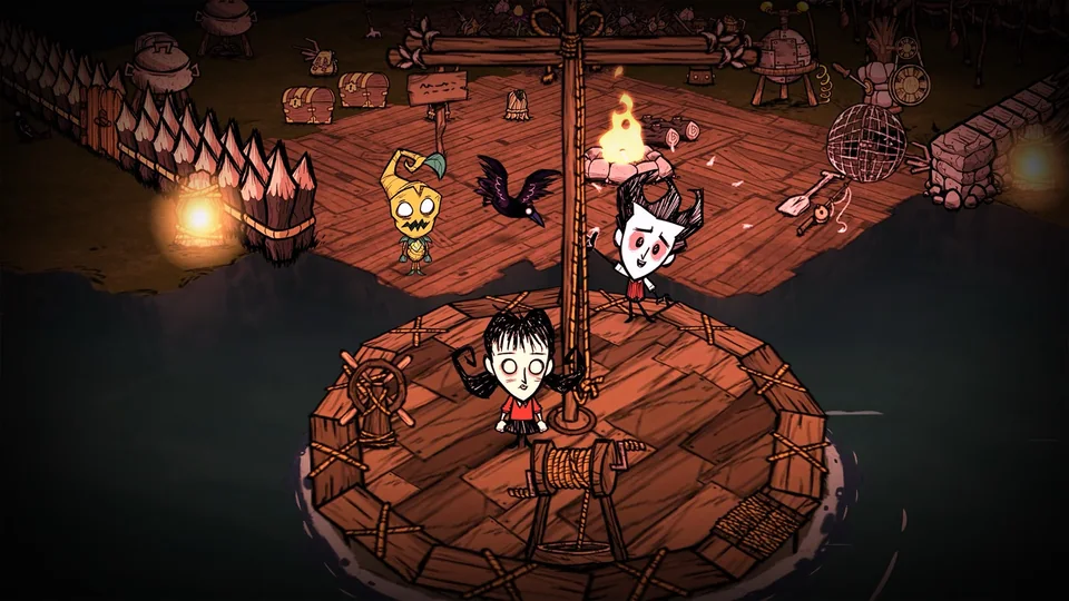Don't Starve screenshot: hand-drawn, three-quarter, inked lines, flat / unlit (character)
