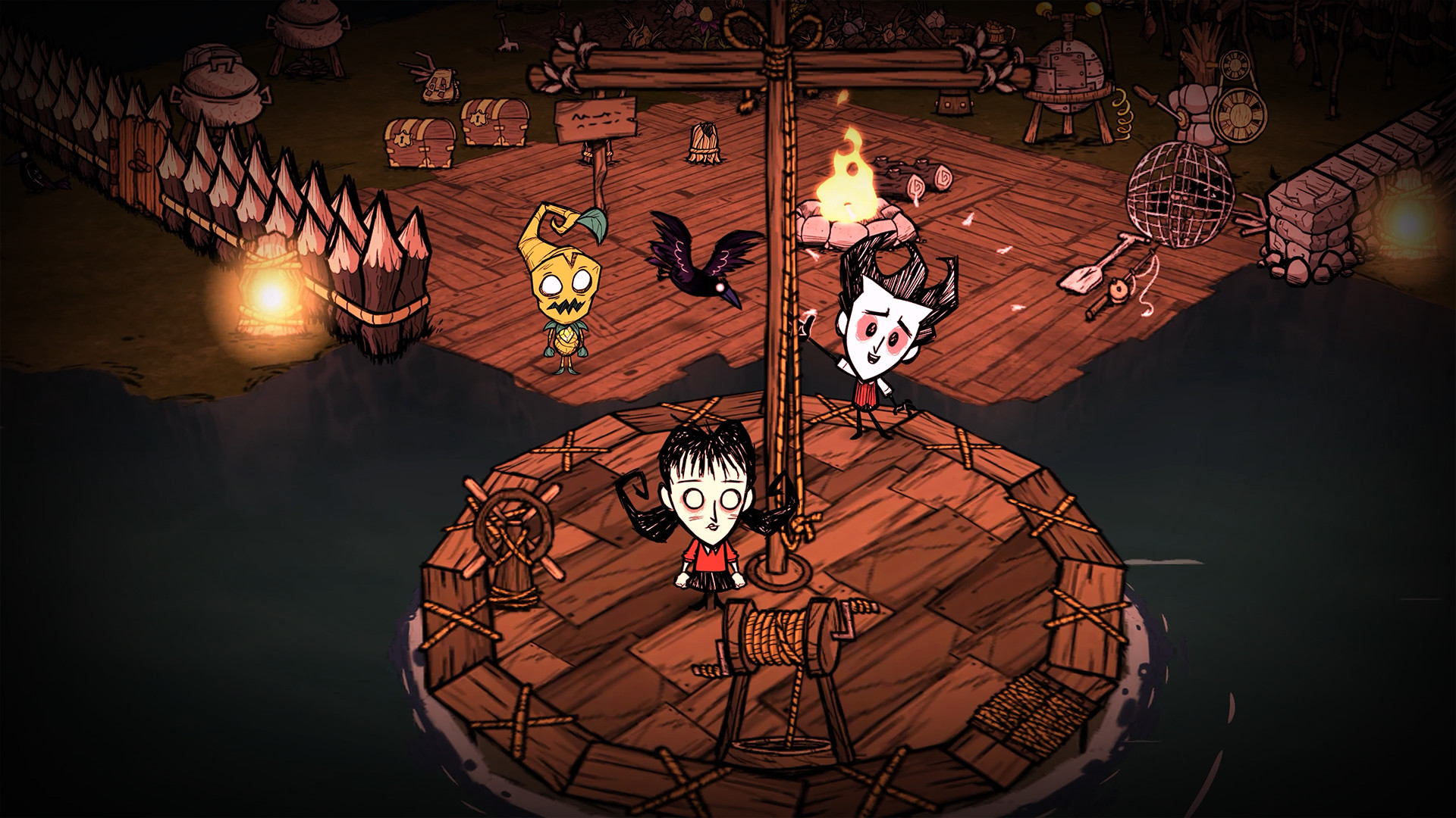 Don't Starve Together screenshot: hand-drawn, three-quarter, inked lines, hatching (environment)