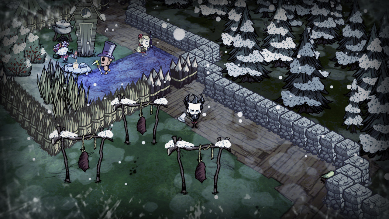 Don't Starve Together screenshot: hand-drawn, three-quarter, inked lines, hatching (environment)