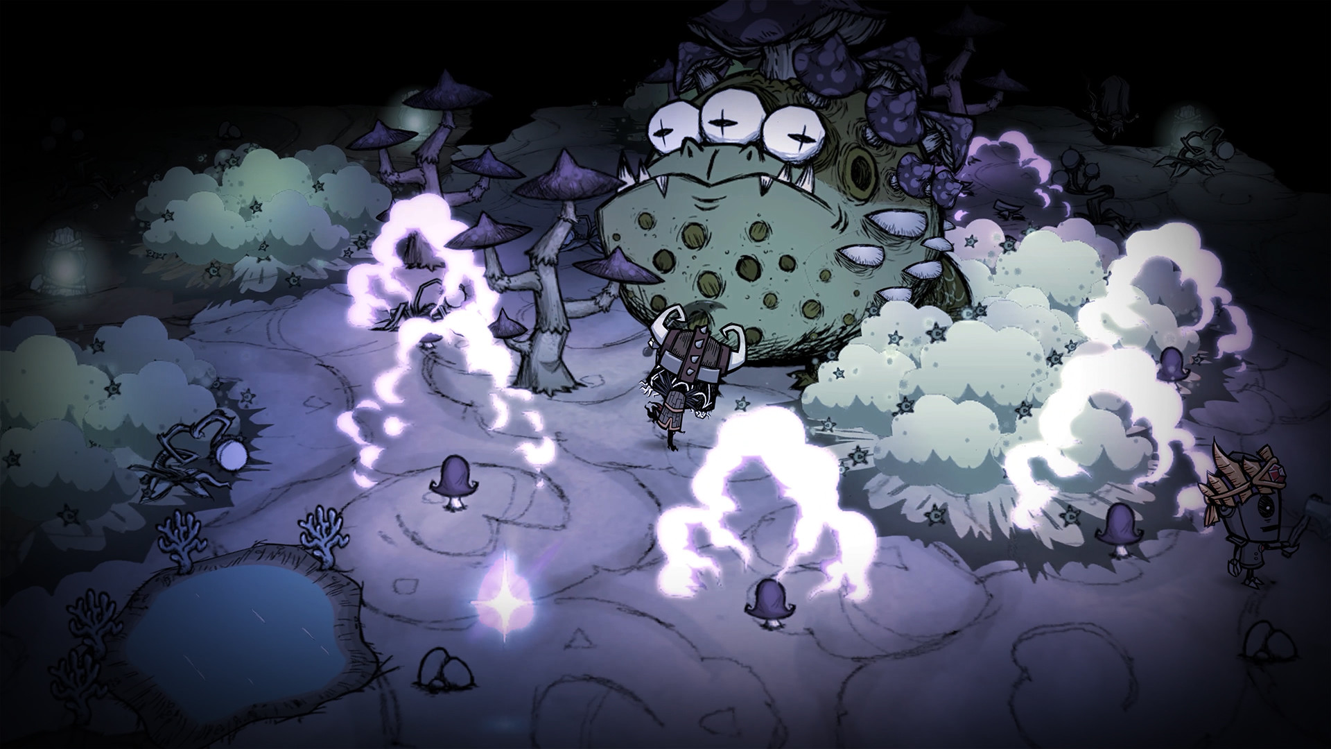 Don't Starve Together screenshot: hand-drawn, three-quarter, inked lines, hatching (environment, combat)