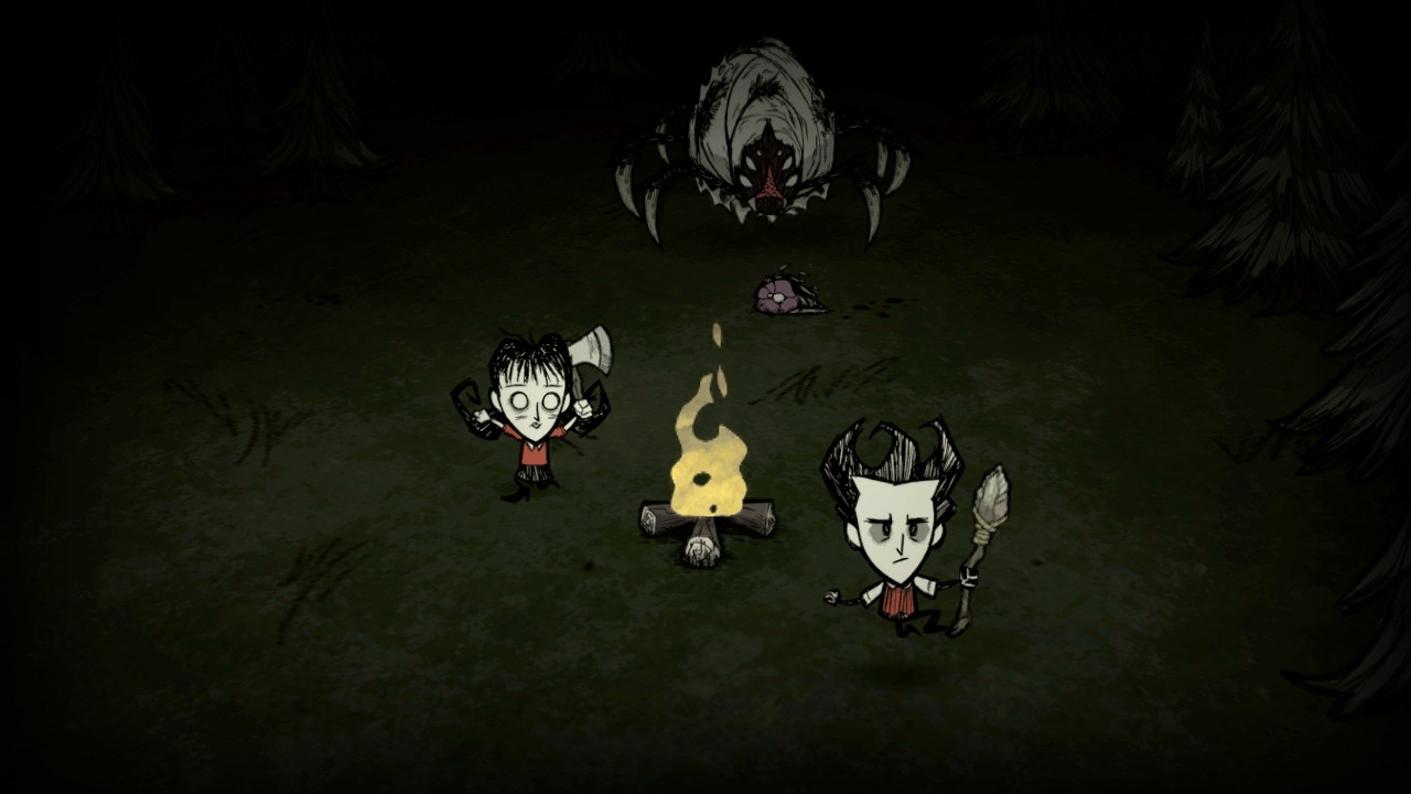 Don't Starve Together screenshot: hand-drawn, three-quarter, inked lines, hatching (environment, character)