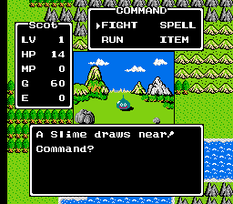 Dragon Quest screenshot: pixel art, three-quarter, first-person, black outlines, flat / unlit (character, combat, ui / menu)