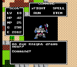 Dragon Quest screenshot: pixel art, three-quarter, first-person, black outlines, flat / unlit (character, combat, ui / menu)