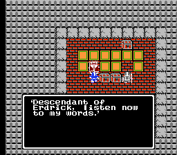 Dragon Quest screenshot: pixel art, three-quarter, first-person, black outlines, flat / unlit (cutscene)