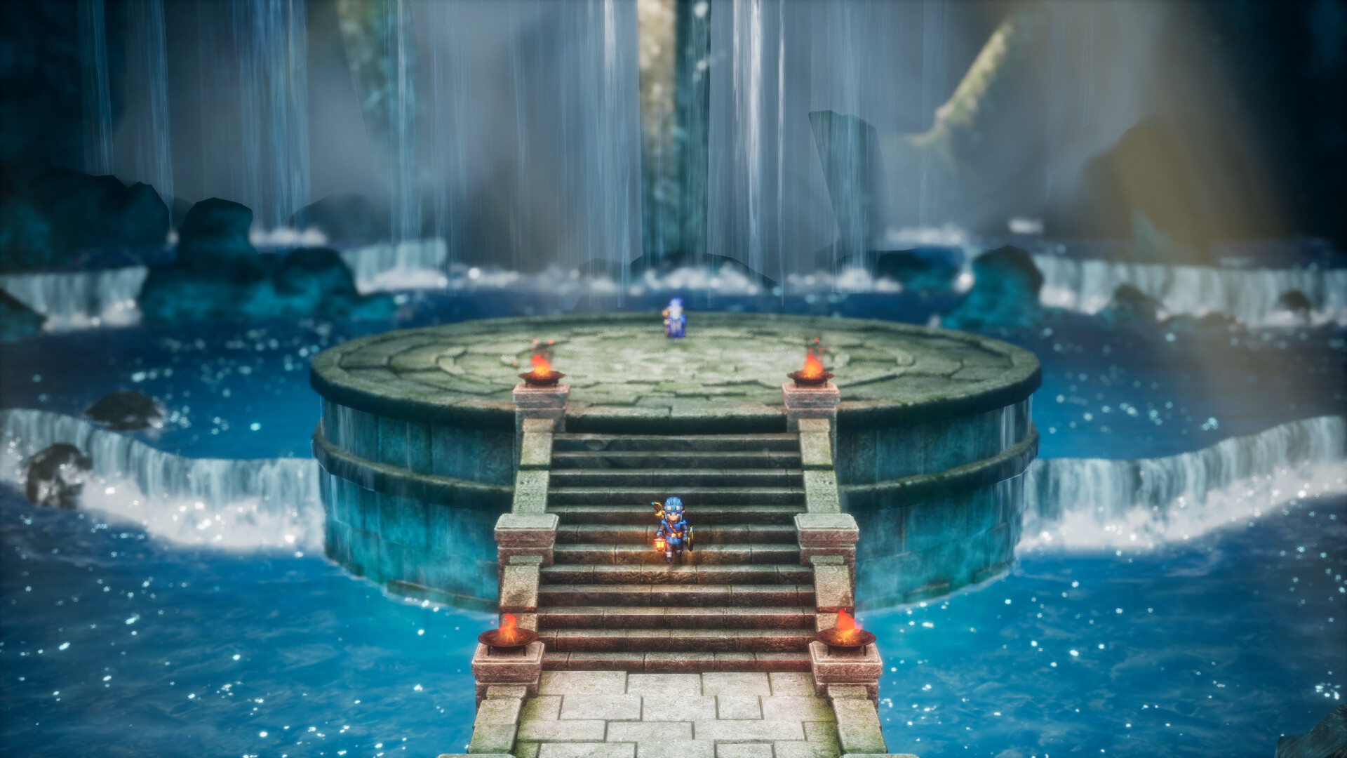 Dragon Quest I & II HD-2D Remake screenshot: stylized 3d, pixel art, three-quarter, soft gradient (environment)