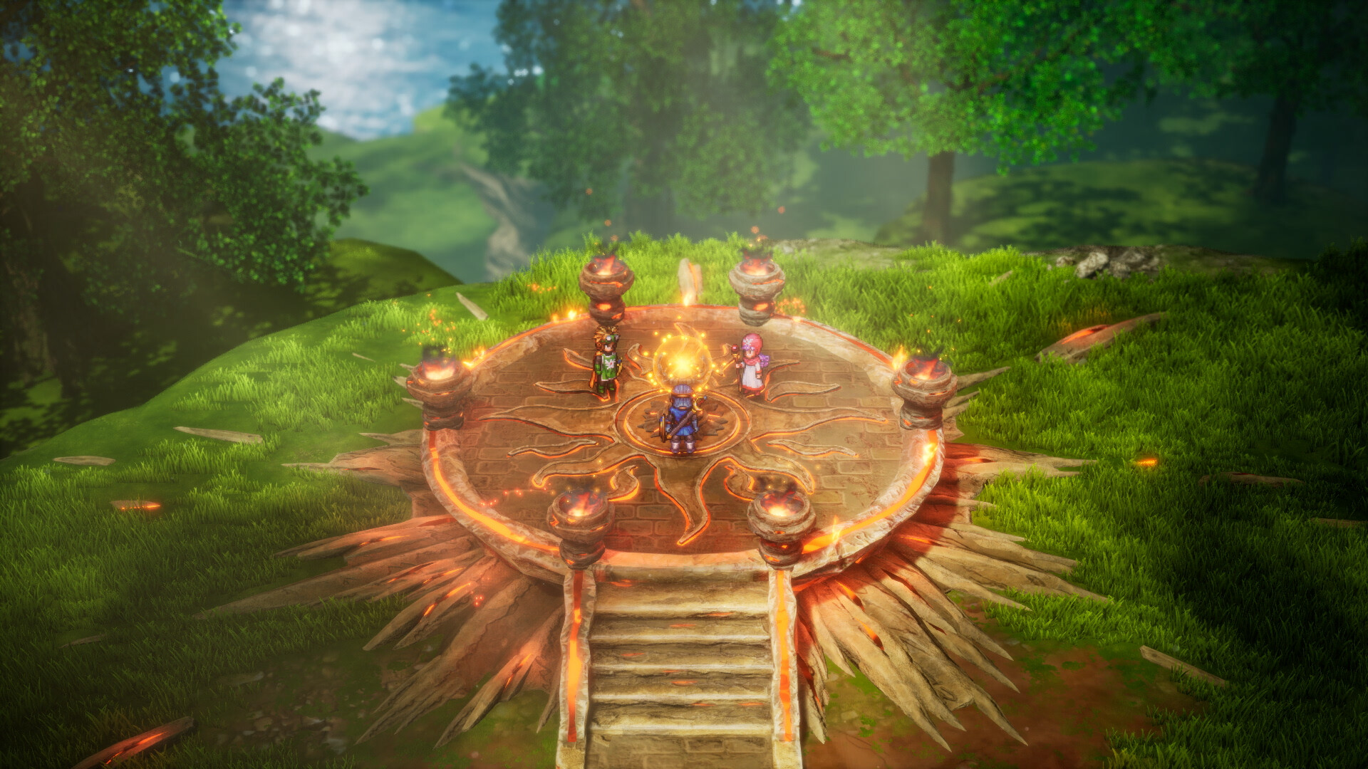Dragon Quest I & II HD-2D Remake screenshot: stylized 3d, pixel art, three-quarter, soft gradient (environment)