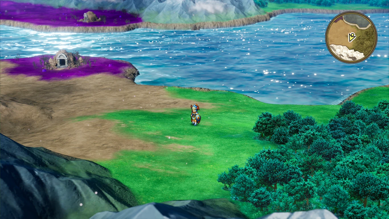 Dragon Quest I & II HD-2D Remake screenshot: pixel art, stylized 3d, three-quarter, soft gradient (environment)