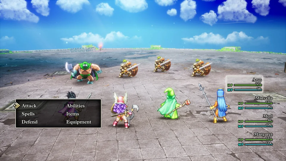 Dragon Quest III HD-2D Remake screenshot: pixel art, stylized 3d, three-quarter, soft gradient (combat)