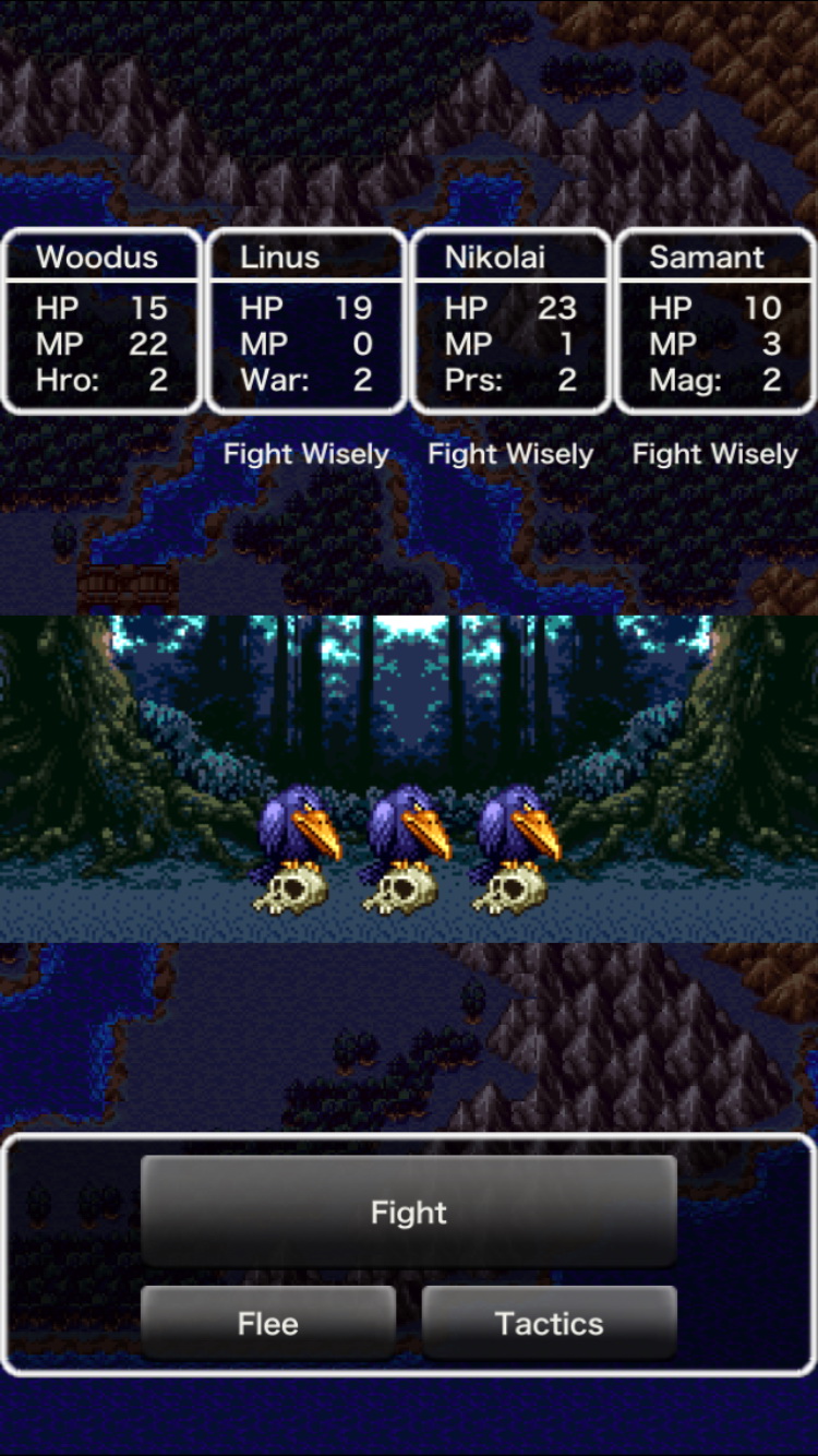Dragon Quest III (Mobile) screenshot: pixel art, three-quarter, first-person (environment, combat, ui / menu)