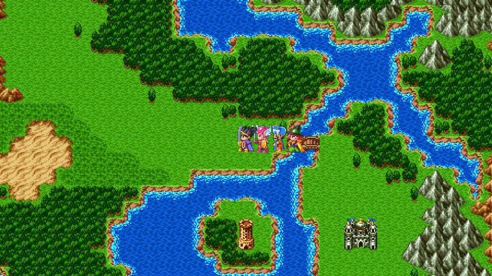 Dragon Quest III: The Seeds of Salvation (Nintendo Switch) screenshot: pixel art, hand-drawn, three-quarter, first-person, black outlines, baked lighting (environment)