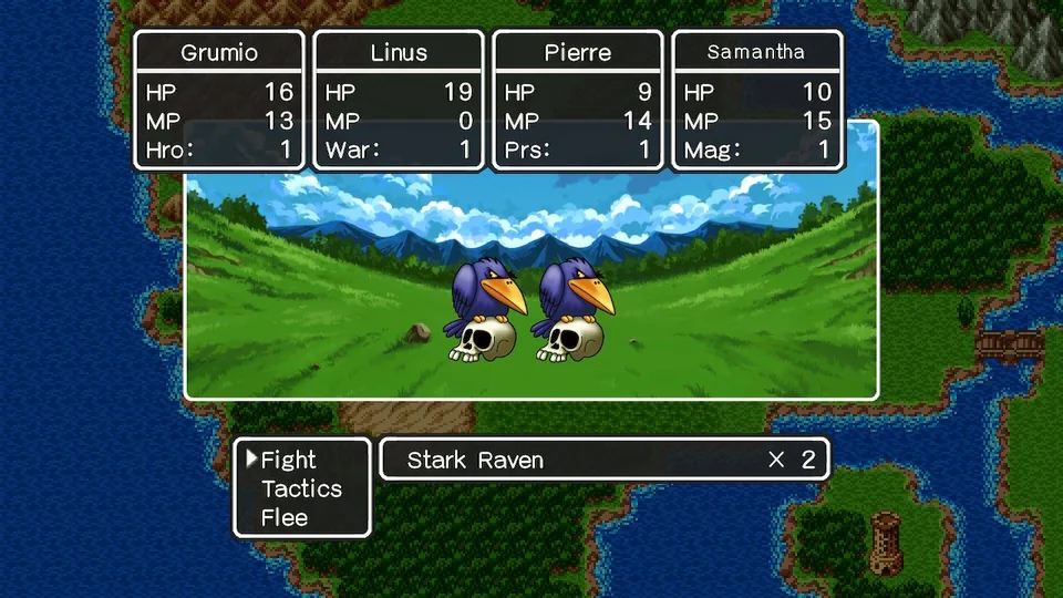 Dragon Quest III: The Seeds of Salvation (Nintendo Switch) screenshot: pixel art, hand-drawn, three-quarter, first-person, black outlines, baked lighting (combat)