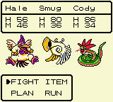 Dragon Warrior Monsters screenshot: pixel art, three-quarter, fixed camera, black outlines, dithered shading (combat, ui / menu)