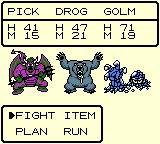 Dragon Warrior Monsters screenshot: pixel art, three-quarter, fixed camera, black outlines, dithered shading (combat, ui / menu)