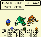 Dragon Warrior Monsters screenshot: pixel art, three-quarter, fixed camera, black outlines, dithered shading (ui / menu, character)