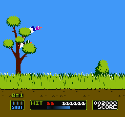 Duck Hunt screenshot: pixel art, first-person, fixed camera, flat / unlit (environment, combat)