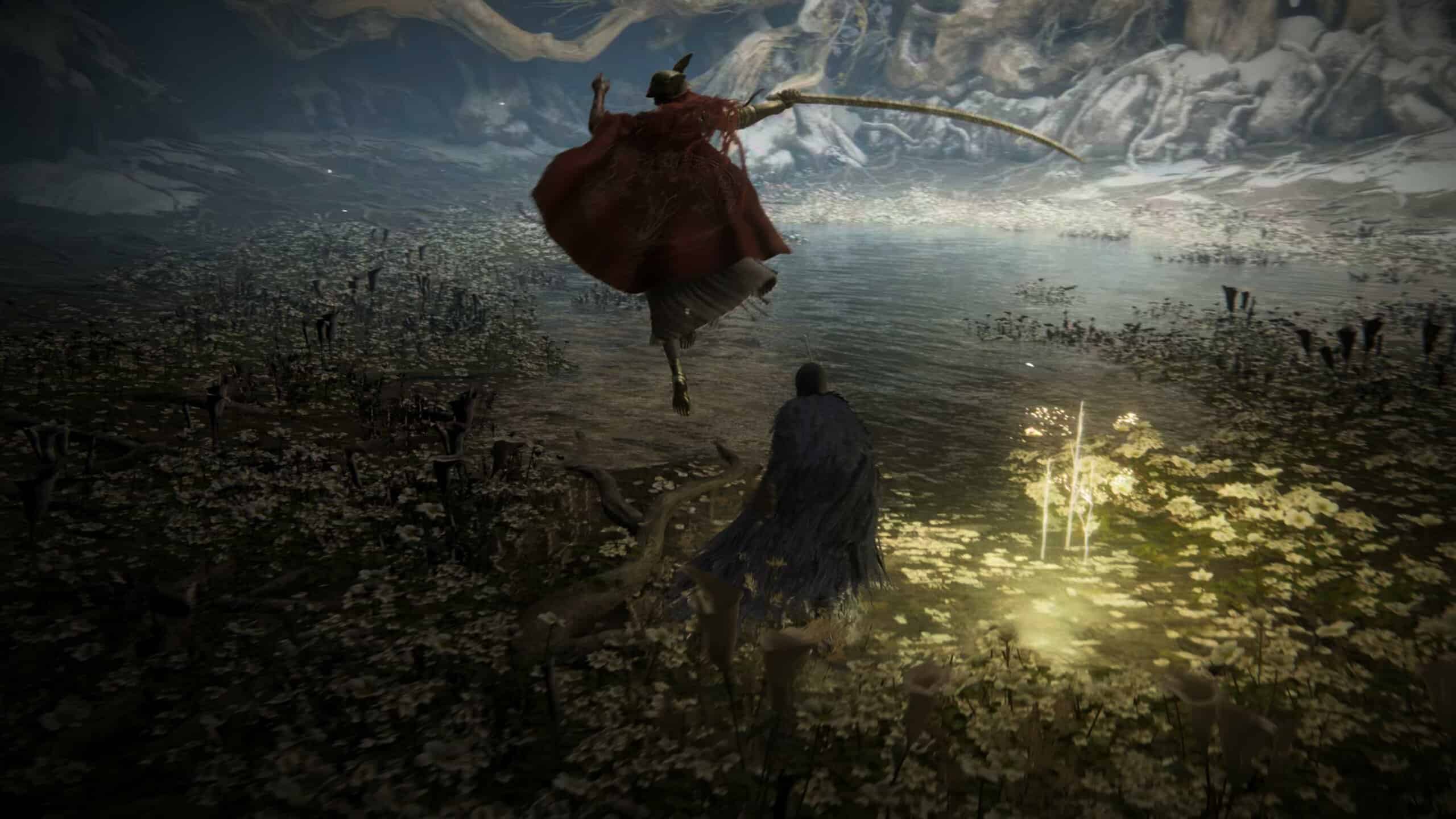 Elden Ring screenshot: realistic, third-person, no outlines, realistic lighting (environment, combat)